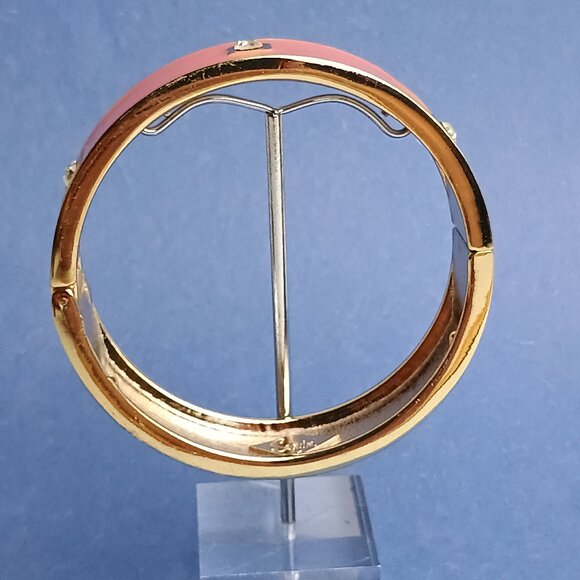 Retro Dusty Mauve Rhinestone Enamel Cuff Hinge Bangle Bracelet Clamper Gold Tone - Picture 3 of 5